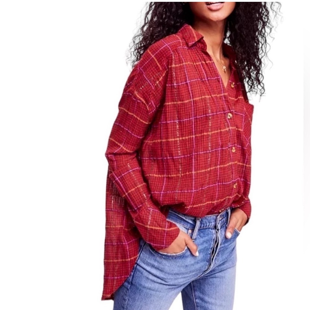Free People Break My Stride Metallic
Plaid Tunic Button-Up Shirt